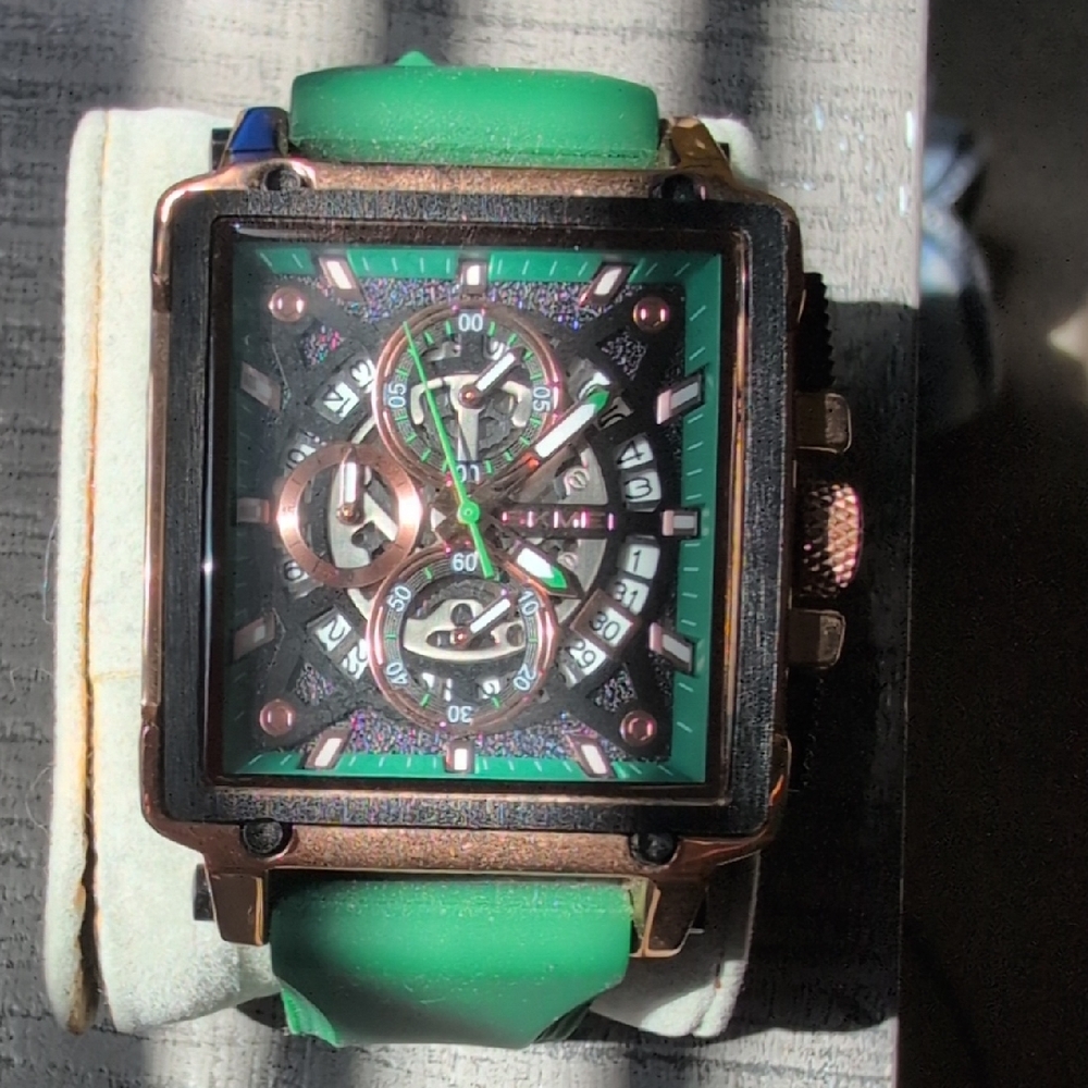 Green Multifunction Men's Square Watch with Rose Gold Case